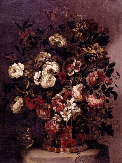 CORTE, Gabriel de la. Still-Life of Flowers in a Woven Basket oil painting image